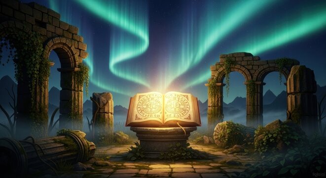 Ancient tome radiates mystical energy under the shimmering aurora lights landscape