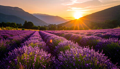 Obraz premium Purple Lavender Field in Full Bloom Under Setting Sun Landscape View at Sunset with Mountain Background