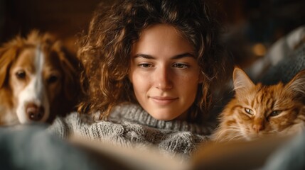 Young woman reading on couch with cat and dog in a naturally lit clean interior with copy space
