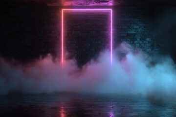 Naklejka premium Glowing neon rectangle portal surrounded by atmospheric smoke and mist