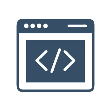 Vector art of a dark blue computer screen displaying the universal symbol for code