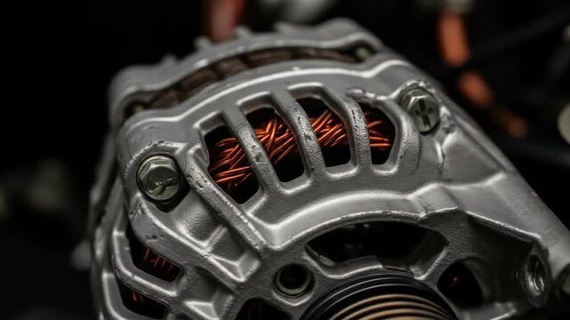 Close-up shots of an automotive alternator showcasing its intricate design and function