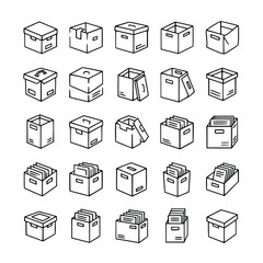 A set of 30 minimalist line art icons featuring various open box designs, ideal for packaging, shipping, and storage-related projects. Each icon is crafted with clean, simple lines, showcasing differe