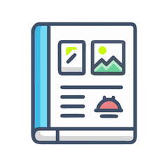 Vector art of a stylized illustration of an open book with images and text on its pages, representing knowledge and information