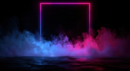 Glowing neon rectangle frame surrounded by colorful smoke and mist