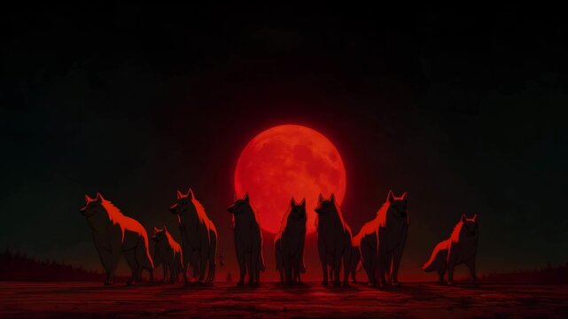 Powerful wolf pack and caravan silhouette under dramatic red moon night
