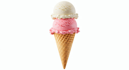 Classic double scoop ice cream cone featuring vanilla and strawberry flavors, a perfect sweet summer dessert isolated on a white background.