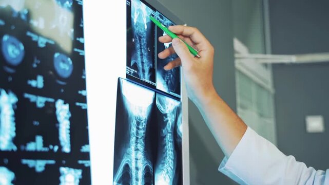 Doctor checking X-ray image of human spine, thinking about diagnosis and cause of deformation. medical worker analyzes x-ray scan of patient's spinal injury.
