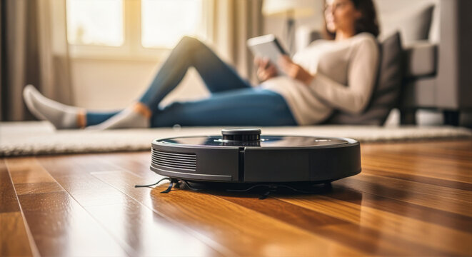 A woman relaxes with a tablet while a robotic vacuum cleaner cleans the hardwood floor in a bright living room - Powered by Adobe