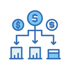 Obraz premium Vector art of a financial diagram illustrates the flow of money from multiple sources to various destinations, symbolizing investment and distribution