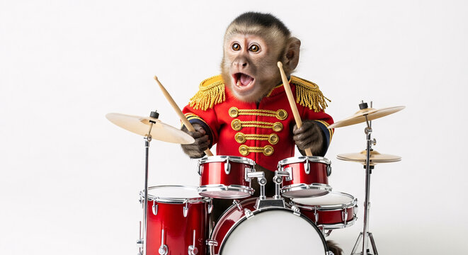 A monkey in a red jacket playing drums with an open mouth on a white background in a studio setting on transparent background