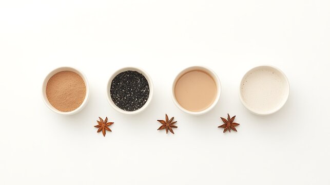 Four bowls of spices and star anise on a white background