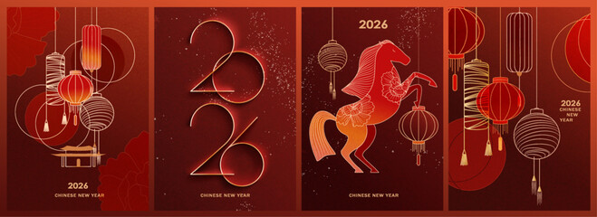 Year of the Horse. Chinese New Year 2026. Set of backgrounds with golden symbols of the new year, horse, lanterns in a modern style.
