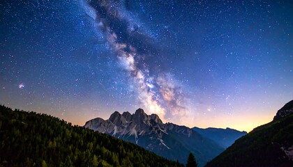 Night sky panorama showcasing a vibrant Milky Way galaxy arching over a silhouetted mountain range and dark green forest