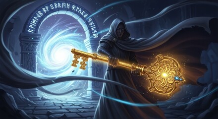 Mysterious hooded figure holds ornate golden key before glowing portal