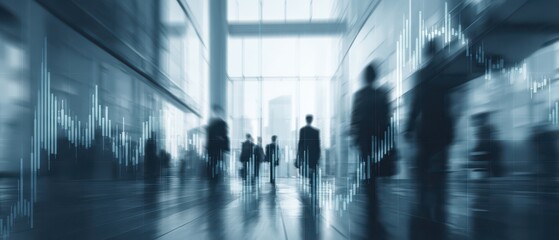 Blurred Business People Walking in Modern Office Building with Financial Chart Overlay