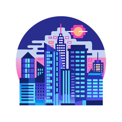 Fototapeta premium Vector art of a vibrant cityscape illustration featuring modern skyscrapers in shades of blue, purple, and pink, set against a dark blue sky with a stylized sun