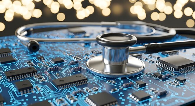 Cybersecurity in Healthcare Stethoscope on Circuit Board, Representing Digital Health and Data Protection - Powered by Adobe