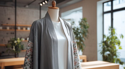 Obraz premium A clean and minimalist product shot of a mannequin wearing a traditional Hanbok jacket over a modern white t-shirt. 