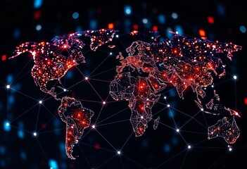 Global network of interconnected nodes representing business transactions and market trends,  interface,  abstract