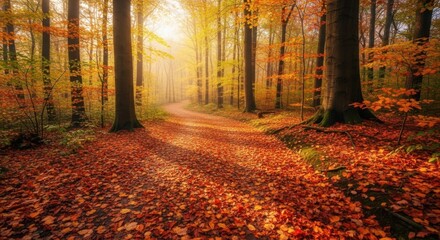 Fototapeta premium Golden sunlight illuminates a forest path covered in autumn leaves