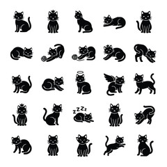 A set of 20 minimalist line art icons featuring various cat poses, behaviors, and accessories, including sleeping, playing, and eating. Ideal for pet-related designs, websites, or marketing materials,
