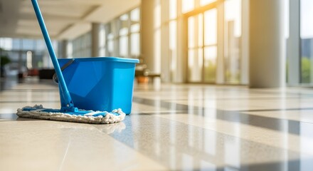 Mop and Bucket on Gleaming Tile Floor in Sunny Lobby, Office Cleaning