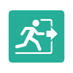 Vector art of a white running man icon with an arrow indicating an exit route, set against a teal square background