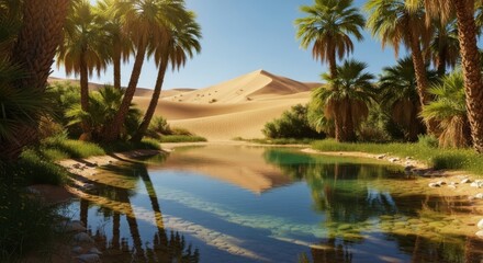 Obraz premium Serene desert oasis with palm trees reflecting in calm water under a bright sky