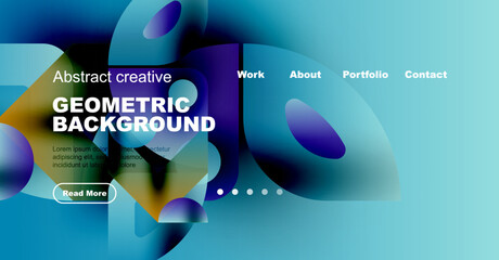 Abstract website mockup features vibrant blue, purple gradients. Geometric shapes overlay text, navigation links present. Clean design.