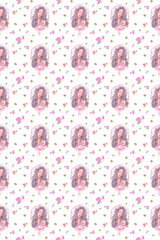 Pattern, painting of a long-haired girl in a vintage frame, background with small flowers, cute seamless pattern design elements for sales banners, posters, textile wallpapers and gift wrapping paper.