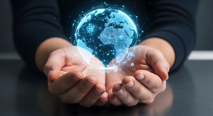 Hands Holding a Glowing Holographic Earth with a Global Data Network.