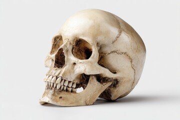 Human Skull Side View on White Background for Medical or Halloween