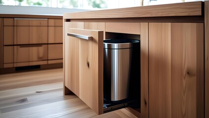 Modern oak kitchen with built-in waste bin concealed behind cabinet panel.