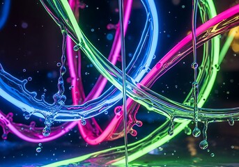 Dynamic interplay of vibrant fluid streams against a dark backdrop illuminated by neon hues