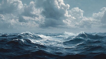 A vast, turbulent ocean with dark, swirling waves and a cloudy sky above, with a large, dark, ominous cloud in the center of the image.