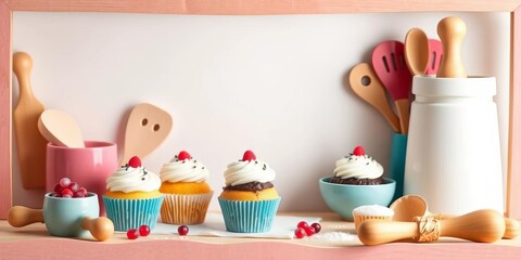 Layered paper cut design of rolling pins, cupcakes, and kitchen utensils in a baking scene,   texture,  design