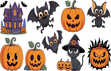 Fototapeta premium Whimsical Halloween Cartoon Collection A Spooky Assembly of Bats Pumpkins a Haunted House and a Witch's Cat