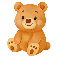Adorable watercolor cartoon teddy bear with round body, smiling face, and pink cheeks. Transparent PNG, perfect for nursery art, kids’ books, stickers, and cute animal clipart.