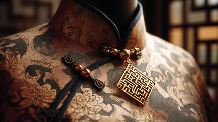 A detailed close-up shot of a Qipao's silk fabric, with its traditional pattern. 