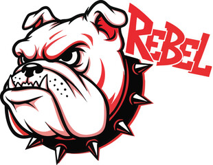 A fierce bulldog mascot with a spiked collar and the word "REBEL" in red.