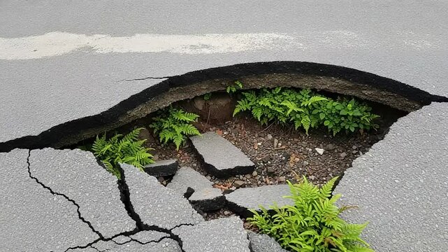 A large crack in the asphalt road reveals a hidden patch of green plants growing resiliently from the earth, symbolizing natures persistence