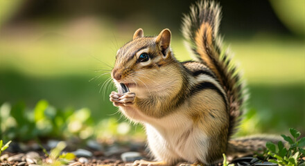 Obraz premium A charming chipmunk enjoys a snack amidst a lush green field on a bright and sunny day outdoors scene