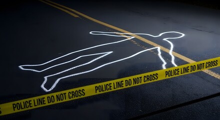 A chalk outline of a body lies on asphalt, surrounded by police tape, indicating a crime scene.