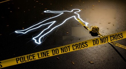 A crime scene marked with a chalk outline and police tape, night setting.