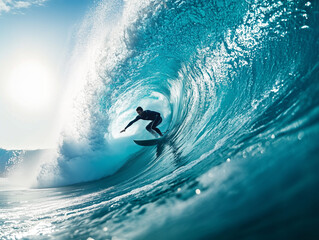 surfer skillfully rides massive turquoise wave, showcasing thrill of ocean sports. sunlight glimmers off water, creating vibrant and dynamic scene