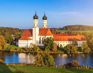 Autumn abbey by a river