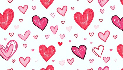 Seamless pattern of cute hand-drawn hearts; lovely romantic background, hand-drawn, lovely