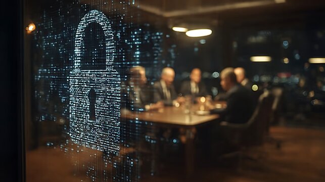 A group of businesspeople in a conference room, discussing a security lock on a glass wall.