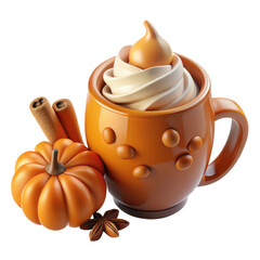 Delicious autumn pumpkin spice latte in a ceramic mug with cinnamon sticks and a mini pumpkin isolated on transparent background